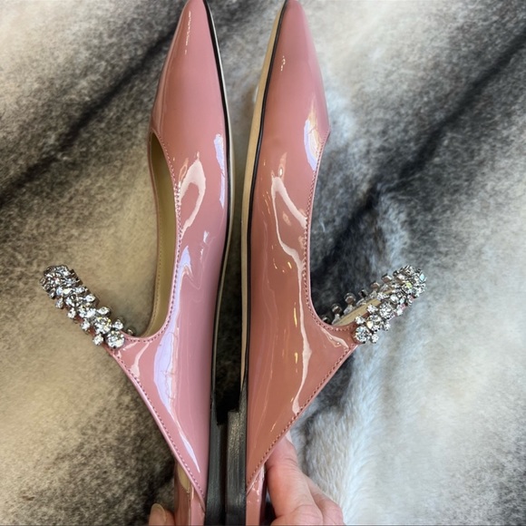 Jimmy Choo Bing Embellished Strap Point Toe Blush Patent Leather Pump Flats - Picture 3 of 10